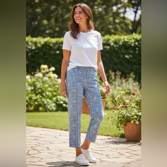 Lilly Pulitzer Blue Cotton Capri Hermit Crab Gingham Check Pants White Lbl 8 - Picture 2 of 12